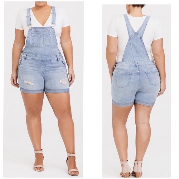 Torrid Shortall Overall Vintage Stretch Light Wash Denim Distressed Sz 14. - Picture 1 of 10